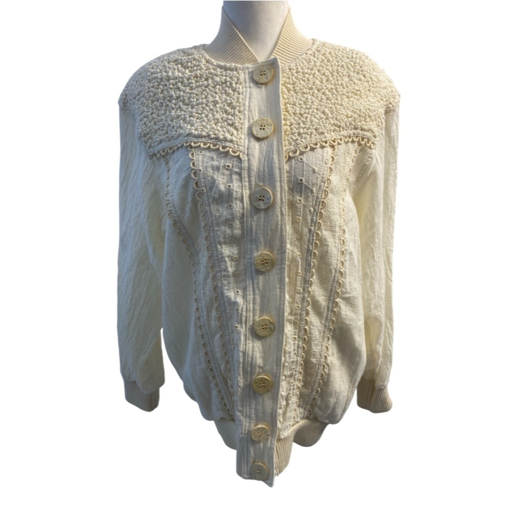 Vintage Marsha Sport Ivory Mixed Media Bomber Jacket Crinkled Cotton Size S